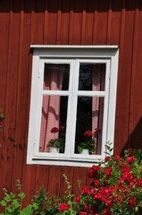 skandinavisches Holzfenster im Sommer
