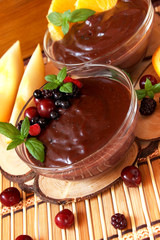 Chocolate pudding with berries and mint