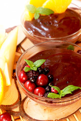 Chocolate pudding with berries and mint