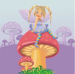 Маленькая фея сидит на грибе