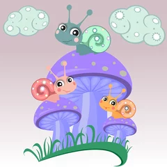 Fotobehang Sprookjeswereld Grappige drie slakken zitten op een paddenstoel