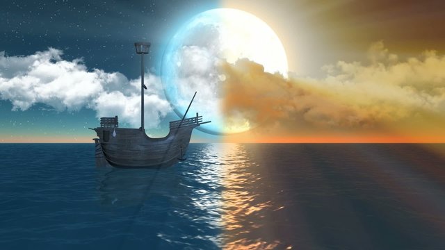 sailing ship over the sea at night and sunset