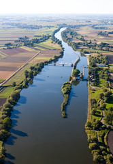aerial view of Odra river canal lock near Opole city - obrazy, fototapety, plakaty