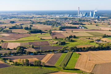 aerial view of power plant and harvest  fields