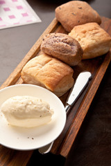 set of fresh breads with butter cream 