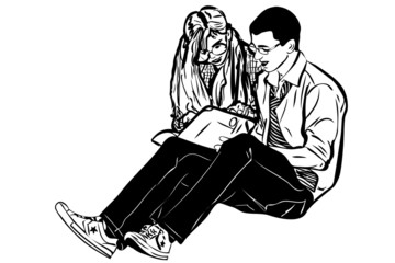 a sketch a fellow and girl read book
