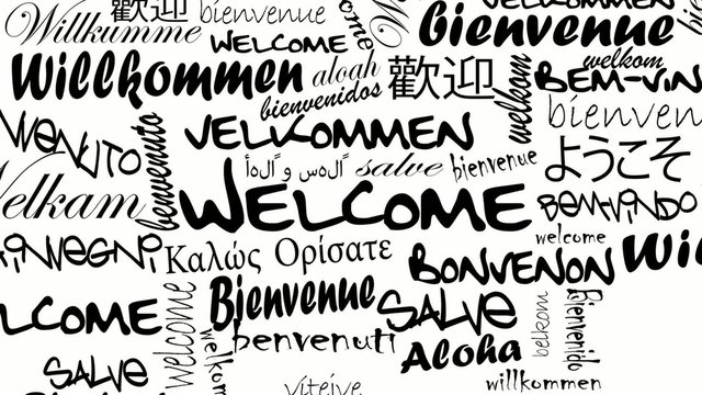 Welcome International black and white words cloud animation