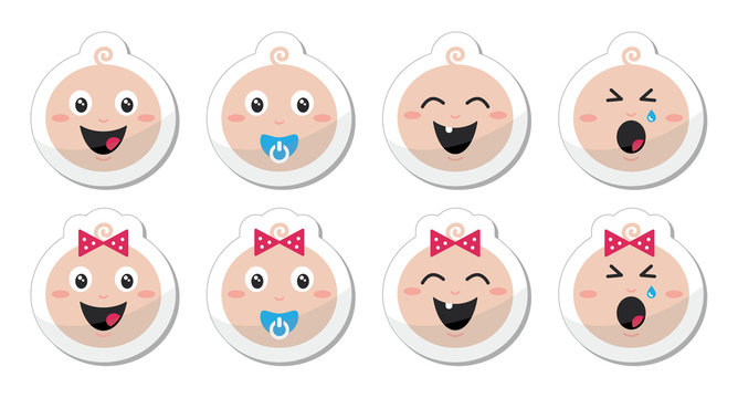 Baby boy, baby girl face - crying, with soother, smile icons