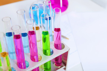 Chemistry laboratory glassware with colour liquids