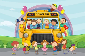 Fotobehang kinderen en schoolbus © GraphicsRF