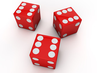 3 red dices showing the six