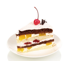 Layered fruit cake isolated on white