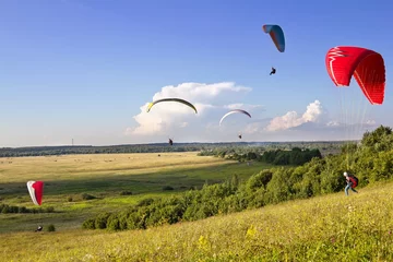 Crédence de cuisine en verre imprimé Sports aériens Multiple paragliders soar in the air amid wondrous landscape
