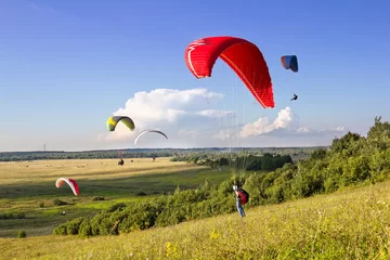Foto auf Acrylglas Luftsport Mehrere Gleitschirme schweben in der Luft inmitten einer wundersamen Landschaft