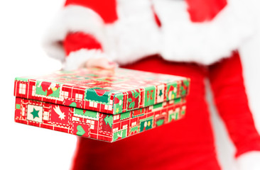 Santa Claus woman offering colored gift box