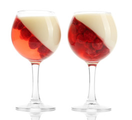 fruit jelly with raspberries in glasses isolated on white