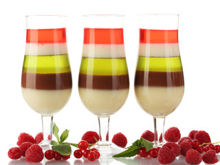 fruit jelly in glasses and raspberries isolated on white