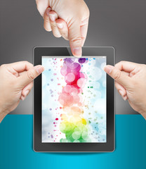 hand of business man holding and touching on touch pad