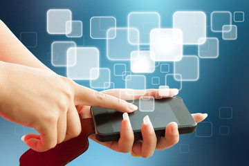 hand women touch smart phone in hand on white background