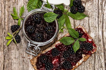 Wooden Table with Blackberry Jam