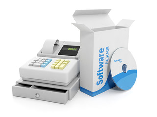 3d illustration: Purchase sale. Cash register and licensed softw