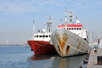The ships docked at the pier