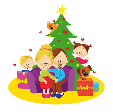 Family and christmas tree