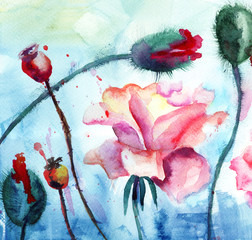 Roses with poppy flowers, Watercolor painting - 44312433