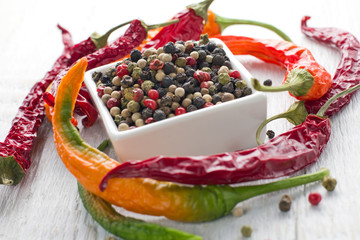Peppercorn mix on a vintage wooden table
