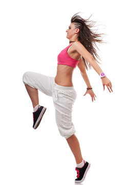young woman breakdancer in leaping pose