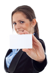 young business woman holding a blank card