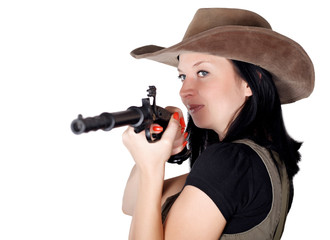 Woman aiming with pistol in hand