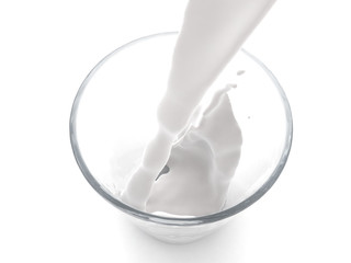 pouring milk in glass isolated on white background