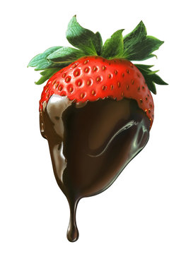 Strawberry half covered by liquid chocolate dripping.