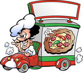 Hand-drawn Vector illustration of an Italien pizza dilevery car