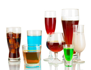 a variety of alcoholic drinks isolated on white