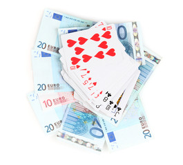 Euro and a deck of playing cards isolated on white