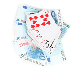 Fototapeta na wymiar Euro and a deck of playing cards isolated on white