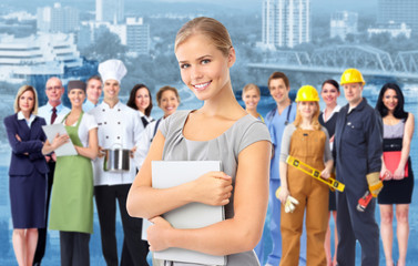 Business woman and Group of industrial workers.