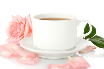 cup of tea with rose isolated on white