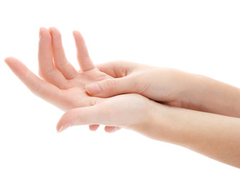 one woman hand massaged other, isolated on white