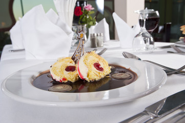 Sponge roll dessert in a la carte restaurant