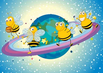 Papier Peint photo Lavable Cosmos abeilles sur saturne