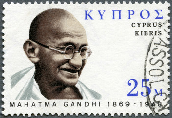 CYPRUS - 1970: shows portrait of Mohandas Karamchand Gandhi - obrazy, fototapety, plakaty