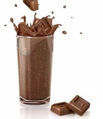 Chocolate cubes splashing into a choco milkshake glass. With two
