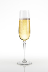 Champagne glass on white surface and background.