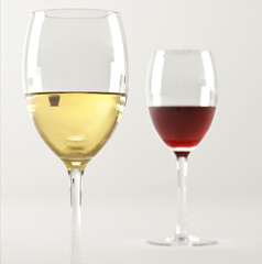 Two glasses of wine, one white and one red.