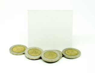 Thai coins with blank white paper on white background