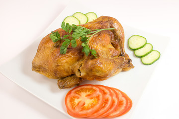 Grilled chicken and vegetable on white