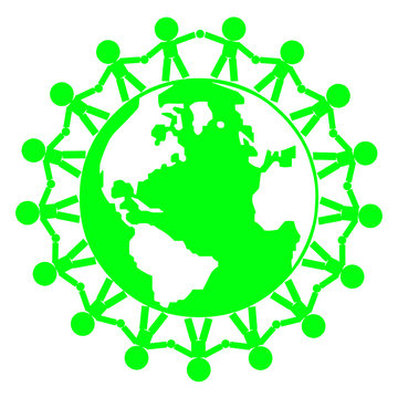 People holding hands around globe in green